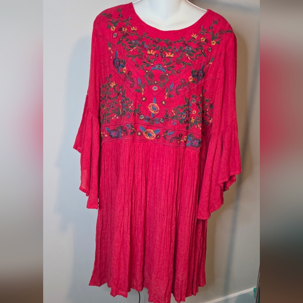 Umgee Boho Embroidered Red Bell Sleeve Dress Flounced Hem Festival Casual XL